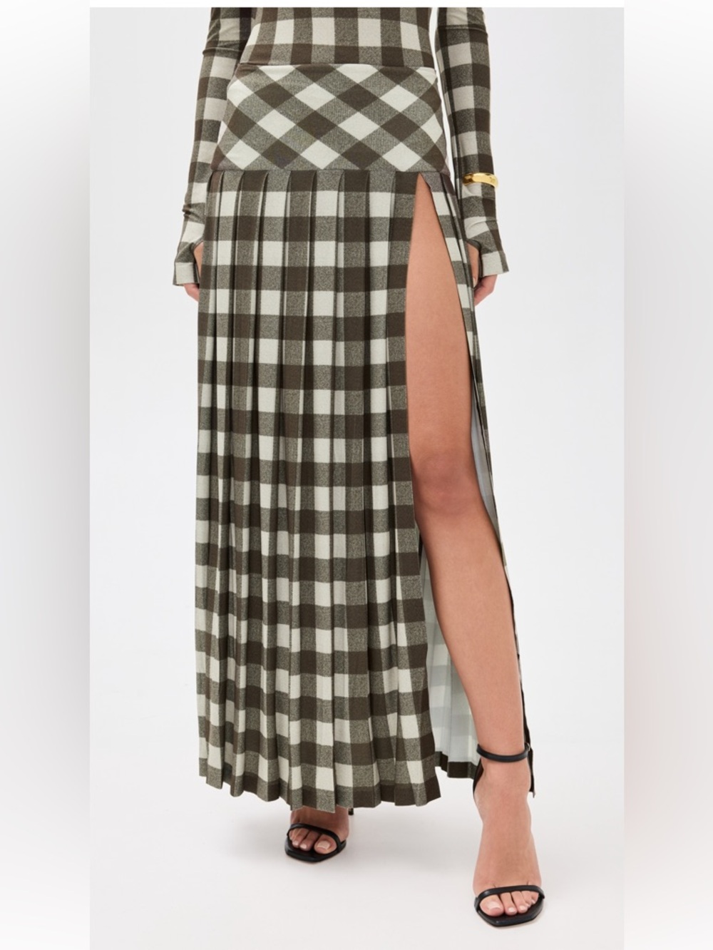 Norma Kamali Olive & Cream Checked Pleated Maxi Skirt with High Side Slit